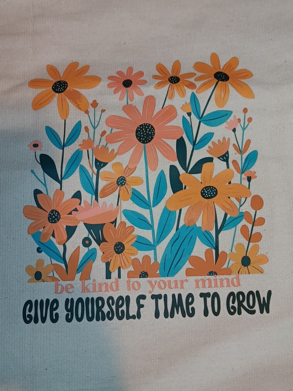 Floral 'Give Yourself Time to Grow' Tote Bag - Peach & Teal